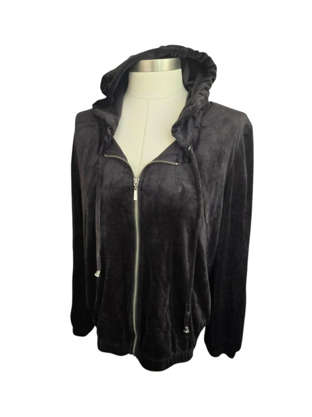 Cable & Gauge Black Velour Hoodie Jacket Rhinestone Zipper Pull Large JJ4429
